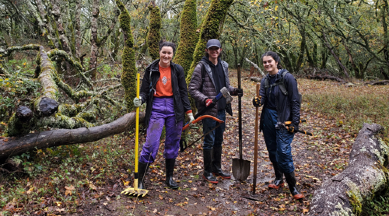 Group of students on a trail with tools