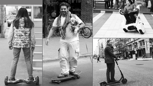 People on the street riding various personal mobility devices