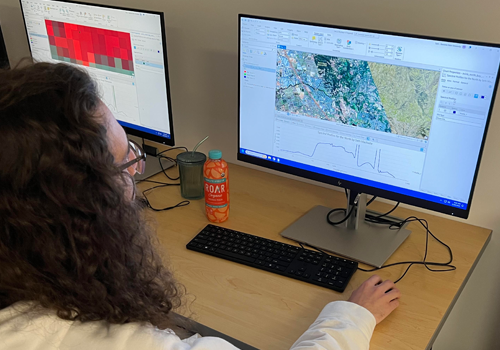 Student viewing computer screen in the GIS lab