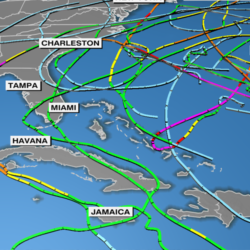Map of Hurricane pathways in the Atlantic