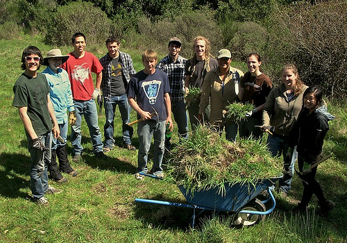 Group of students in a grassland area